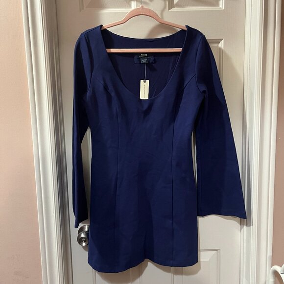 Anthropologie by Maeve Long-Sleeve Scoop-Neck Mini Shift Dress Blue Stretch Med - Picture 2 of 10